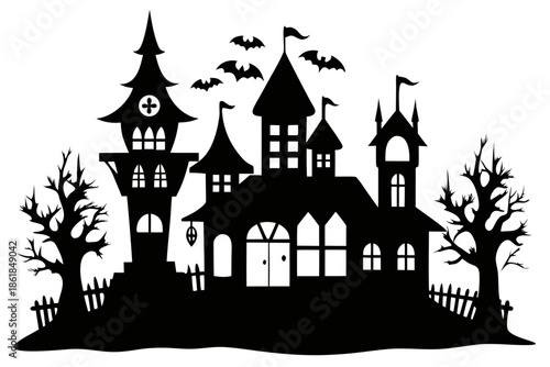 Spooky haunted castle silhouette with a bat flying above Vector, haunted house  silhouette