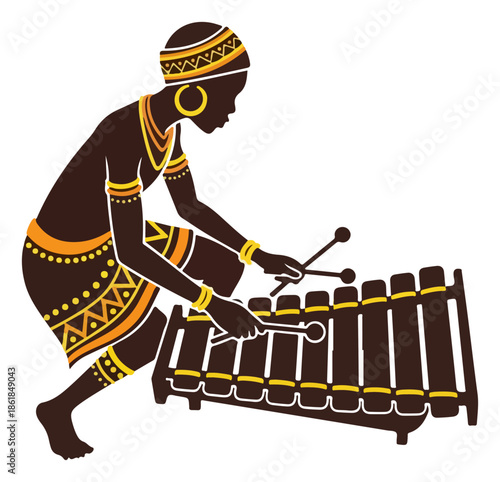 Traditional percussionist playing wooden balafon with mallets.