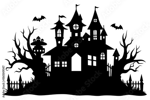 Spooky haunted castle silhouette with a bat flying above Vector, haunted house  silhouette