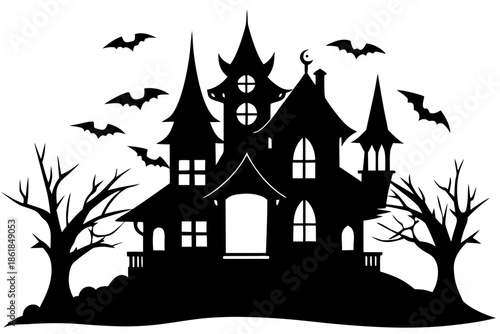 Spooky haunted castle silhouette with a bat flying above Vector, haunted house  silhouette