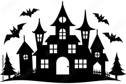 Spooky haunted castle silhouette with a bat flying above Vector, haunted house  silhouette