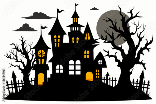Spooky haunted castle silhouette with a bat flying above Vector, haunted house  silhouette