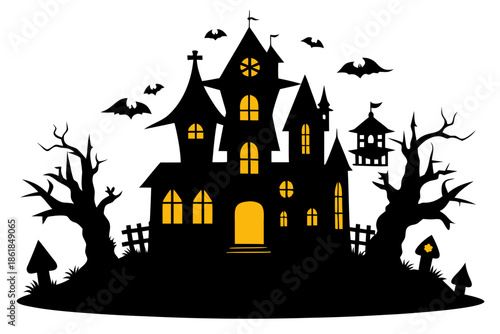Spooky haunted castle silhouette with a bat flying above Vector, haunted house  silhouette