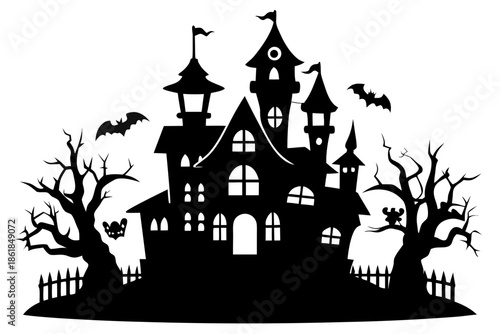 Spooky haunted castle silhouette with a bat flying above Vector, haunted house  silhouette