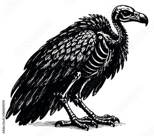 Hand drawn line art illustration of a vulture depicting its skeleton for halloween or biological themes