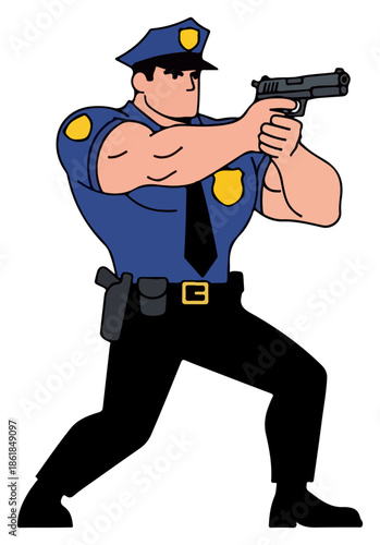 Cartoon police officer aiming pistol in uniform.