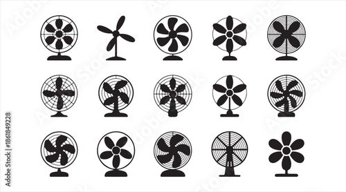 Electric desk fan silhouette icon set of household cooling appliances with different blade designs and mesh grille styles
