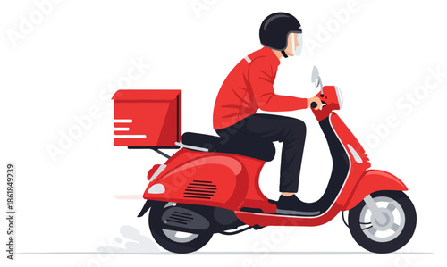 Helmeted courier riding red scooter with delivery box.