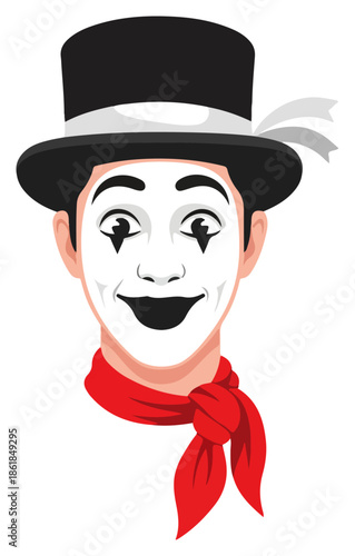 Smiling mime portrait with tophat and red neckerchief.