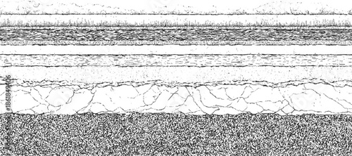 Black and white cross-section of layered ground soil and rock textures earth layers