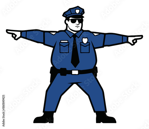 Cartoon police officer directing traffic with outstretched arms.