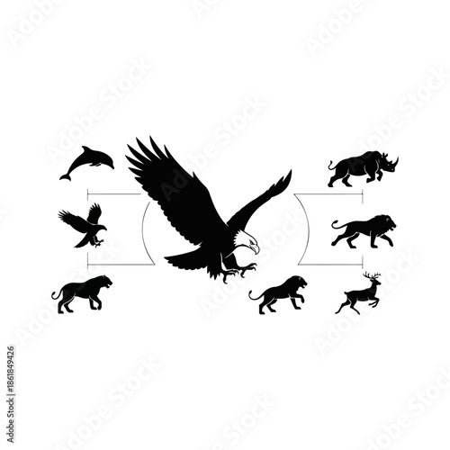 Bird Silhouette with Various Animal Silhouettes.