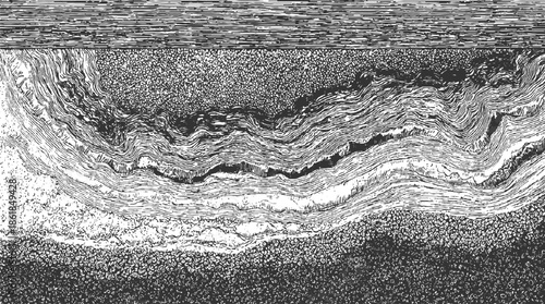 Cross section of geological strata with wavy layers and granular textures geology