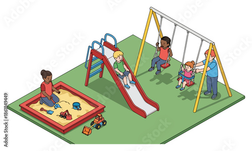 Children playing on slide swings and sandbox.