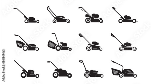 Collection of lawn mowing machine icons, black glyph style garden and yard maintenance equipment illustrations
