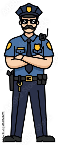 Confident uniformed police officer cartoon character.