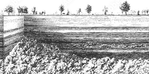 Cross section of earth layers showing soil strata and rocky ground with trees above