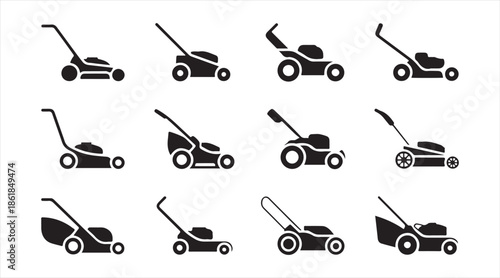Lawn mower silhouette icon set of gardening tools and landscaping equipment, push and self-propelled grass cutter symbols on white background