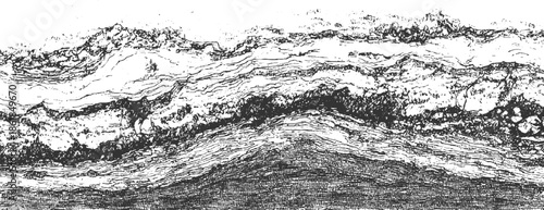 Black and white textured abstract pattern resembling geological strata or layered rock formations