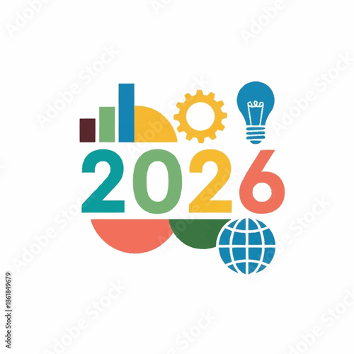 Colorful 2026 year design with business, technology, and global progress icons, representing future goals and innovation.