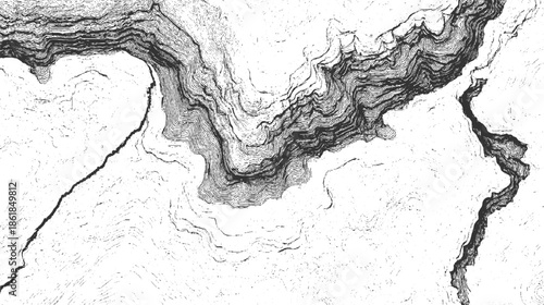 Topographic map contour lines depicting a deep canyon and river