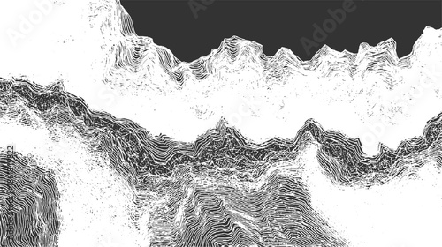 Abstract black and white topographic contour lines forming mountain peaks and valleys background