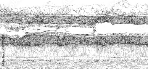 Black and white line of layered geological strata and textured ground geology layers rock earth