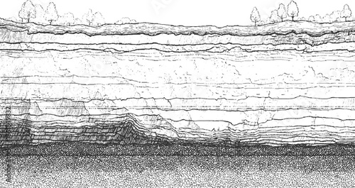 Cross section of layered earth strata with trees on surface ground soil layers