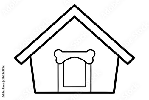 dog house with dog bone outline, Simple outline drawing of a dog house with a bone shape above the entrance Vector, dog house line art