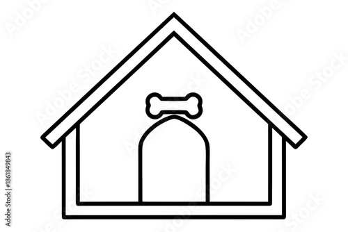 dog house with dog bone outline, Simple outline drawing of a dog house with a bone shape above the entrance Vector, dog house line art