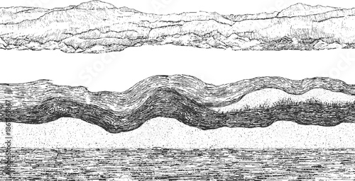 Black and white cross section of layered geological strata and mountain range geology layers