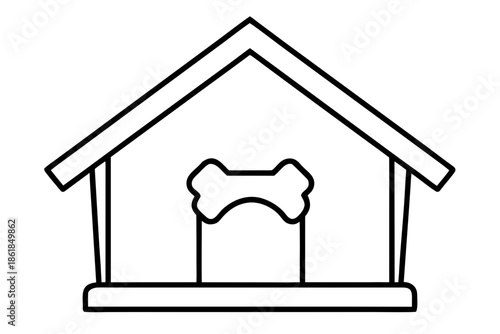 dog house with dog bone outline, Simple outline drawing of a dog house with a bone shape above the entrance Vector, dog house line art