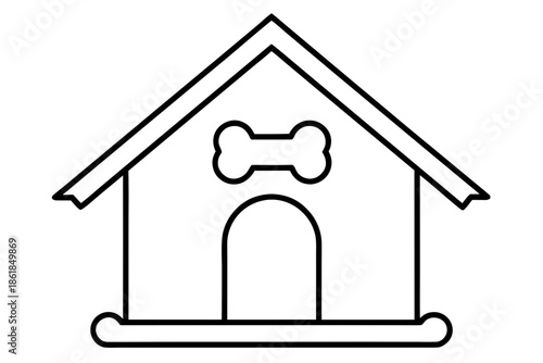 dog house with dog bone outline, Simple outline drawing of a dog house with a bone shape above the entrance Vector, dog house line art