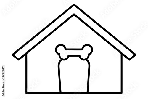 dog house with dog bone outline, Simple outline drawing of a dog house with a bone shape above the entrance Vector, dog house line art