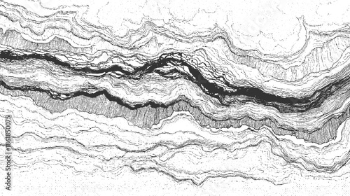 Black and white abstract topographic map lines and dots pattern