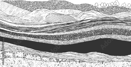 Cross section of layered earth strata with rock formations and trees geology layers
