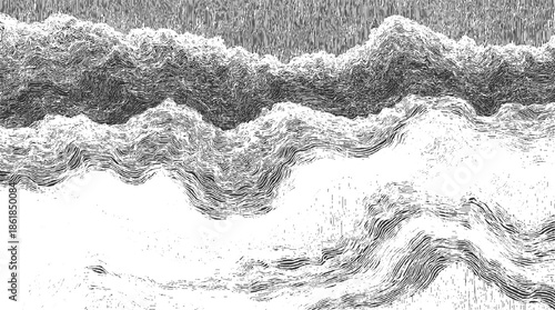 Black and white abstract wavy lines forming textured landscape background