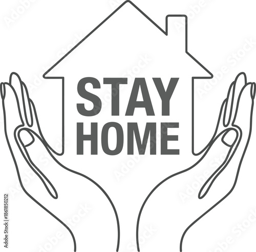 Stay home safety awareness illustration, hands protecting house outline icon, quarantine lockdown health concept design