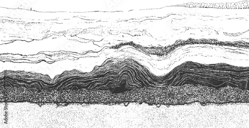 Black and white abstract textured landscape with layered geological strata and rough ground pattern