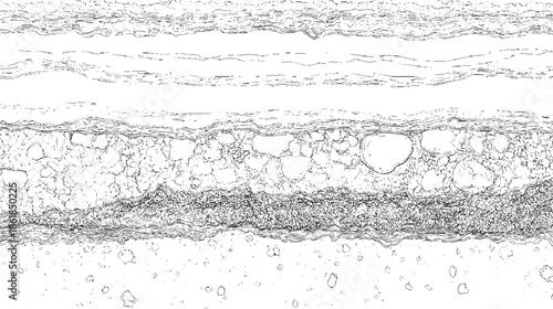 Black and white line of layered geological strata with pebbles and wavy lines abstract background texture