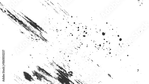Black ink splatters and brush strokes on white background abstract