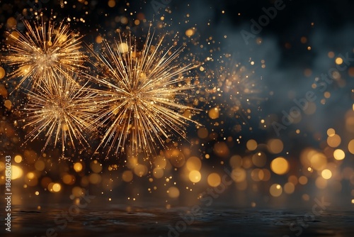 Brilliant Fireworks Burst Against a Night Sky with Illuminated Golden Sparks