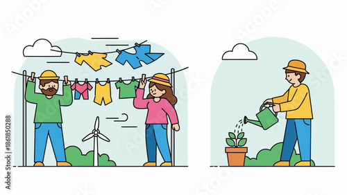 Man and Woman Doing Laundry and Gardening.