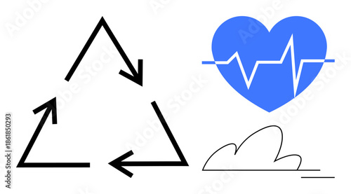 Environmental protection, healthcare, sustainability, wellness, eco-friendly, heart health. Recycle sign with blue heart and cloud. Environmental protection and healthcare revitalization