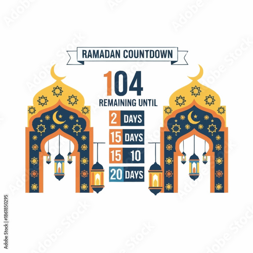 Ramadan countdown illustration with ornate mosque arches, crescent moons, stars, and hanging lanterns, showing 104 days remaining until the holy month.