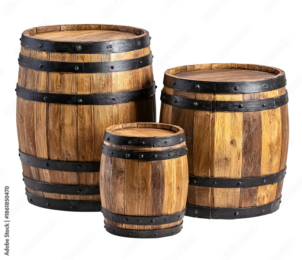 Obraz premium Three wooden barrels of varying sizes isolated on a transparent background