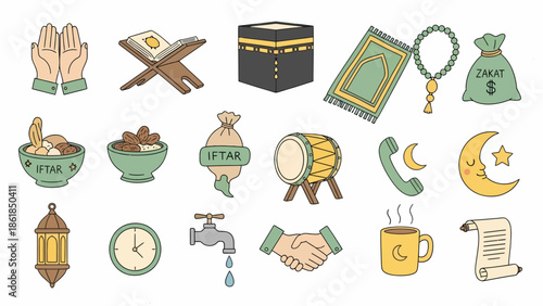 A comprehensive collection of hand-drawn vector icons representing various elements and traditions of Ramadan and Islamic culture, perfect for festive designs and spiritual themes