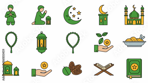 Diverse Islamic and Ramadan Icon Set Featuring Prayer, Charity, and Cultural Symbols of Faith and Worship for Religious Content Design
