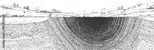 Black and white cross section of layered earth and rolling hills with scattered trees layers soil