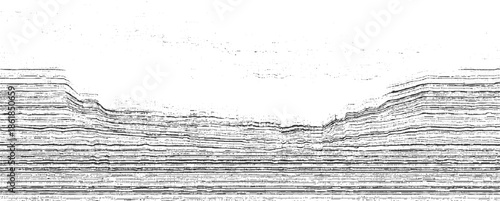 Black and white abstract seismic data representation with layered horizontal lines and dots